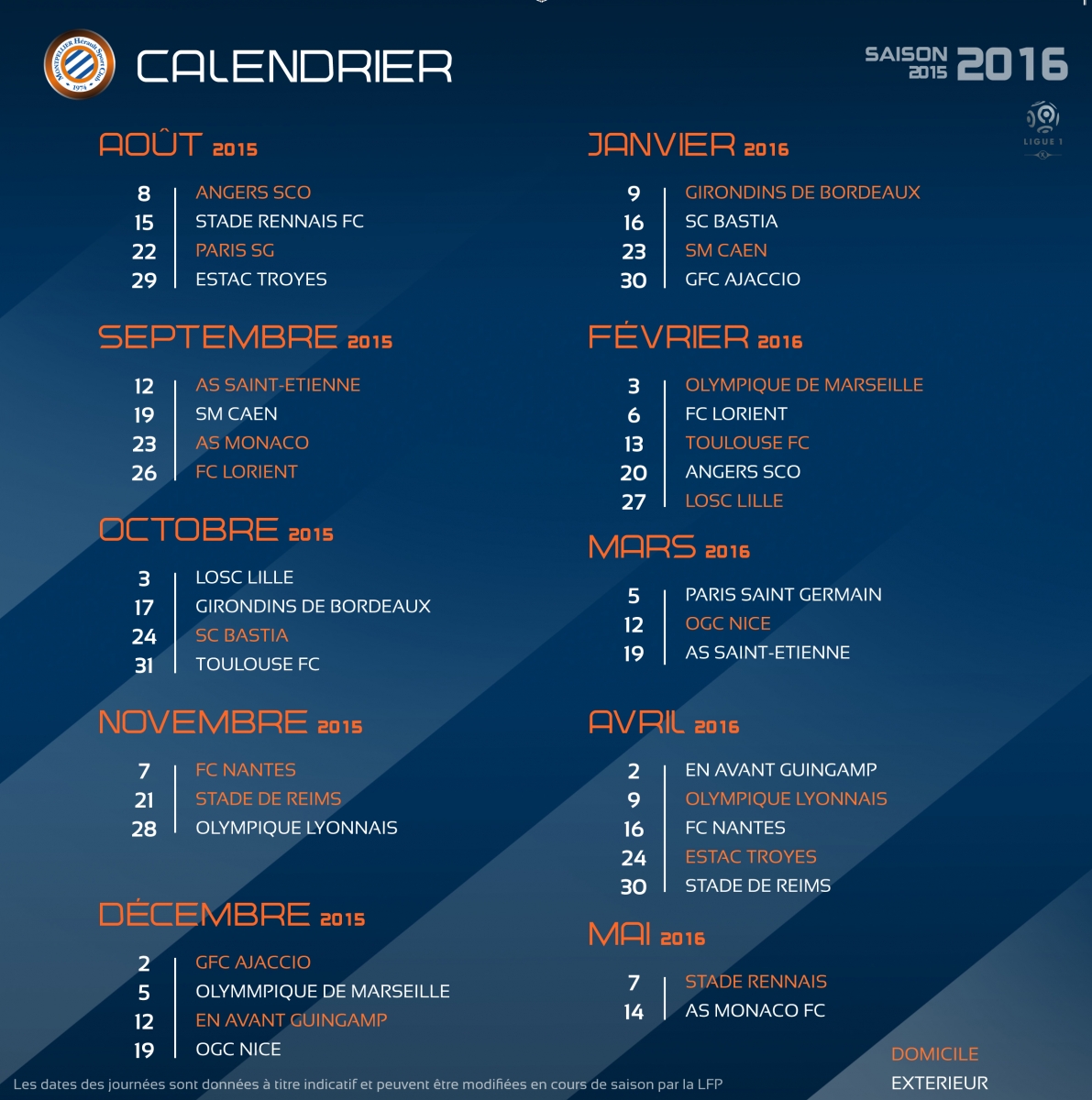 Calendrier : Angers à La Mosson pour débuter la saison 2015/16 | MHSC